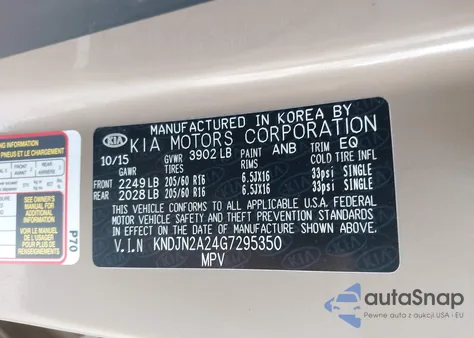 2016 Kia Soul из США, поврежденный, VIN KNDJN2A24G7295350